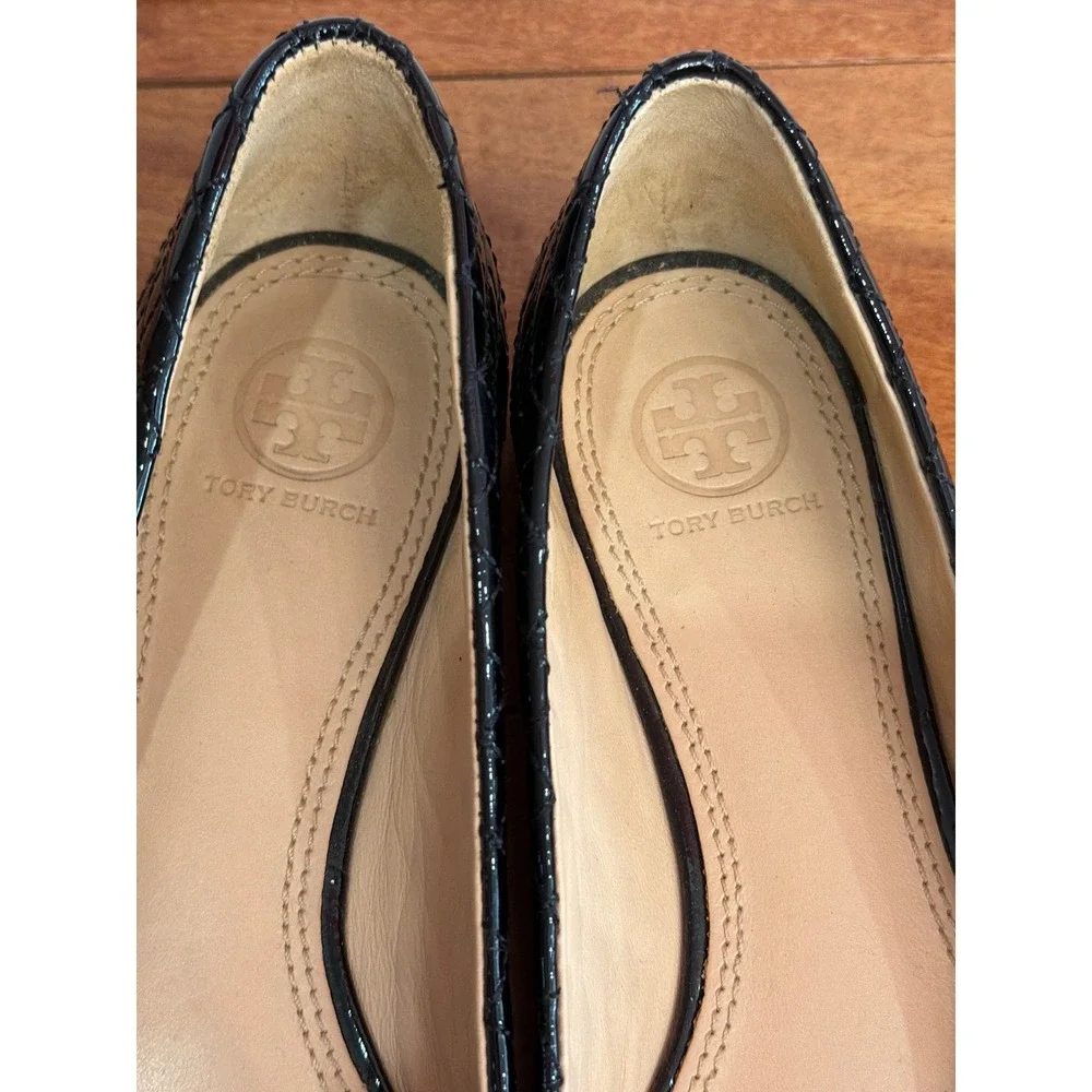 Tory Burch Ballet Flats Womens Black Quilted‎ Patent Leather Gold Logo 7.5M